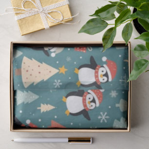 Mousseline Papier Tissu de Noël Motif Pingouin Vert