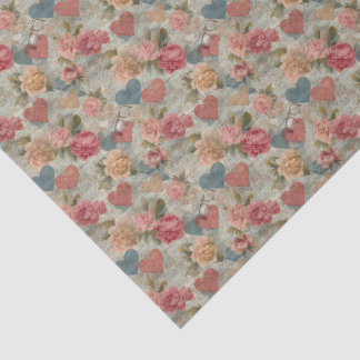 Mousseline Papier Tissu Fleur Rose Vintage et Cœur