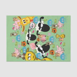 Mousseline Papier Tissu Giraffé Moutons Eléphants Vert