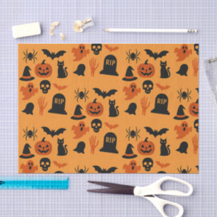 Mousseline Papier Tissu Halloween éffrayant   Noir et orange