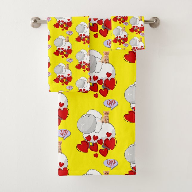 Mouton Rouge Coeurs Kitten Serviettes de toilette (En situation)