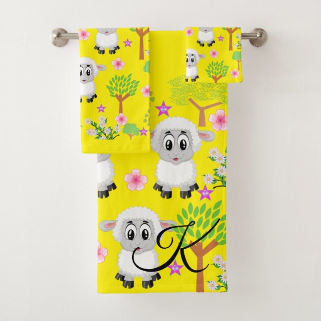 Moutons Arbres Jaunes Mains Serviettes de bain (En situation)