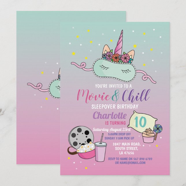 Movie & Chill Birthday Unicorn Sleepover Slummel Einladung (Vorne/Hinten)