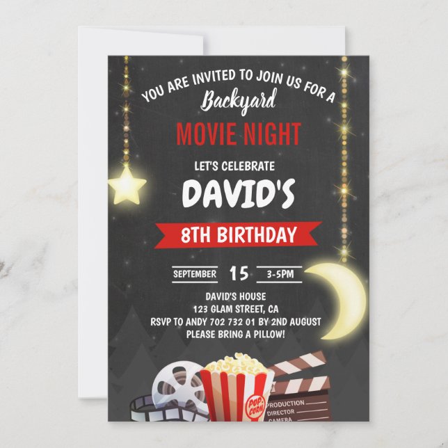 Movie Night Birthday Party Chalkboard Einladung (Vorderseite)
