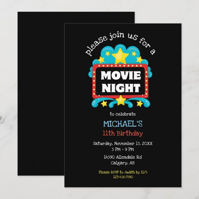 Movie Night Birthday Party Kinder Niedliches Kino Einladung (Vorne/Hinten)