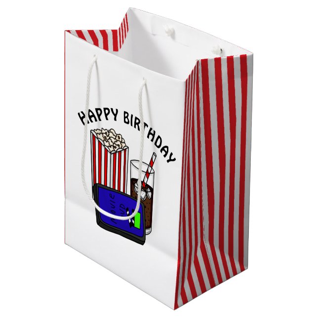 Movie Night Birthday Party   Mittlere Geschenktüte (Vorderseite Schrägansicht)