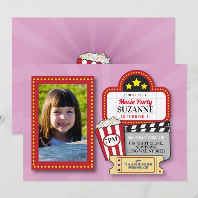 Movie Night Birthday Party Pink Film Kino Foto Einladung (Vorne/Hinten)
