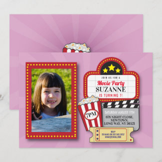 Movie Night Birthday Party Pink Film Kino Foto Einladung