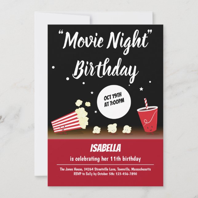 Movie Night Birthday Popcorn Drink Black Red Einladung (Vorderseite)