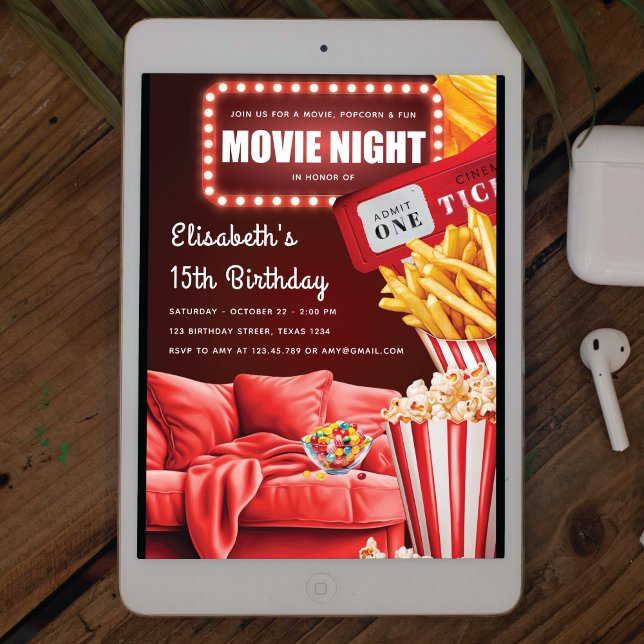 Movie Night Fun Modern Red Birthday Einladung (Von Creator hochgeladen)