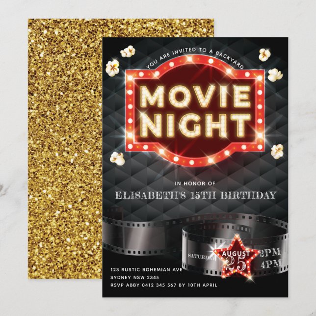 Movie Night Luxury Gold Glitzer Einladung (Vorne/Hinten)