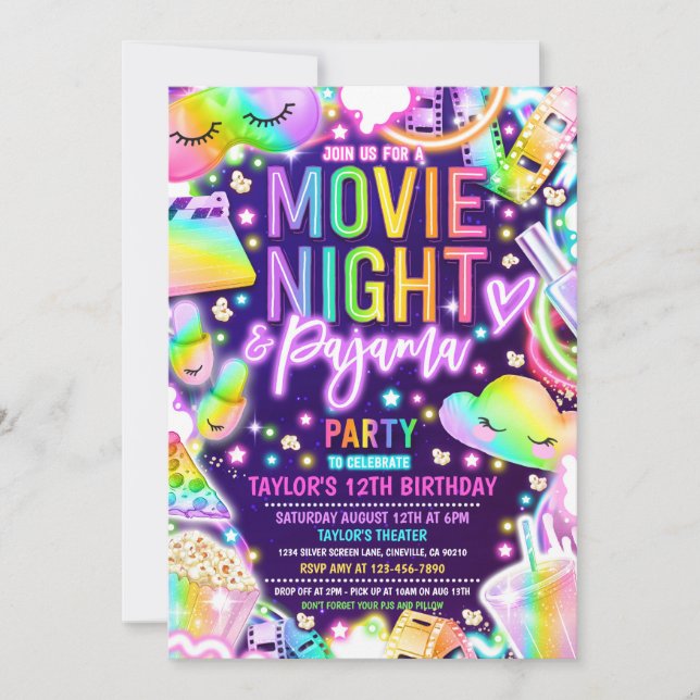 Movie Night Pajama Neon Rainbow Birthday Party Einladung (Vorderseite)