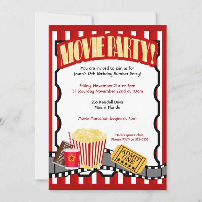 MOVIE PARTY Ticket Einladung zum Geburtstag (Vorderseite)