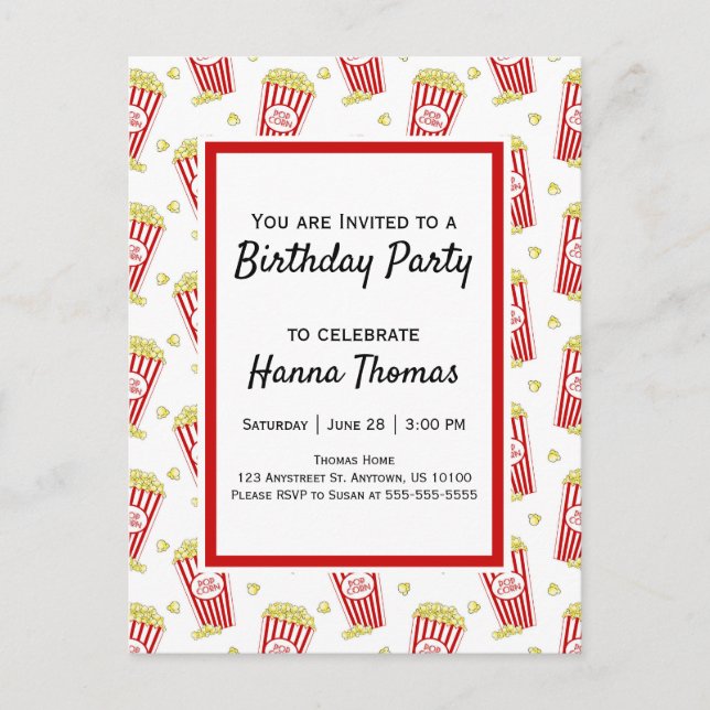 Movie Popcorn Birthday Einladungspostkarte (Vorderseite)