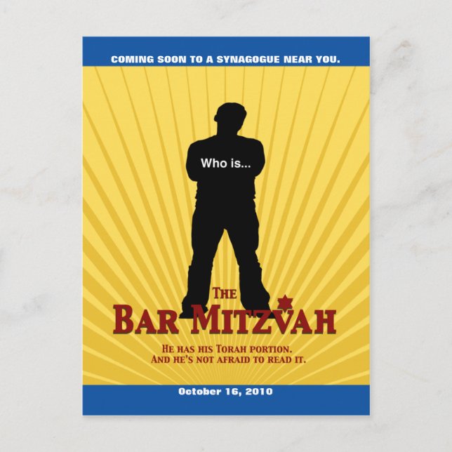 Movie Star Bar Mitzvah Save the Date gelb blau Ankündigungspostkarte (Vorderseite)