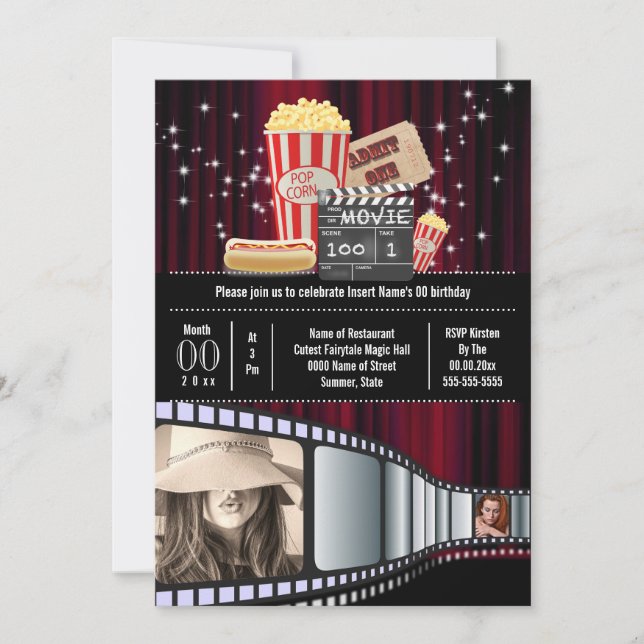 Movie Thema 2 Foto Strip Kino Popcorn Party Einladung (Vorderseite)