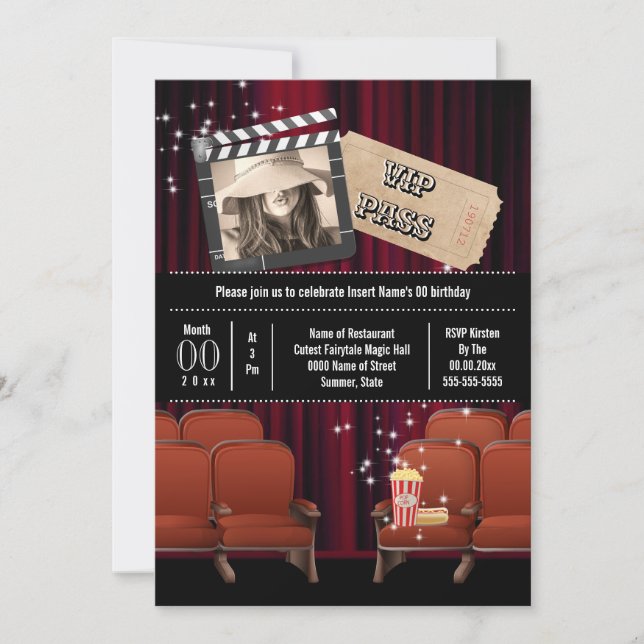 Movie Theme Foto in Ticket Popcorn Party Einladung (Vorderseite)