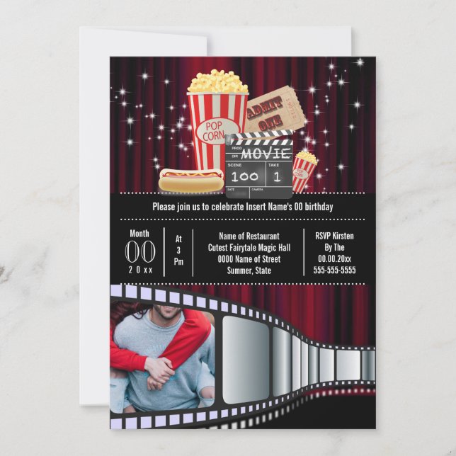 Movie Theme Foto Strip Kino Popcorn Party Einladung (Vorderseite)