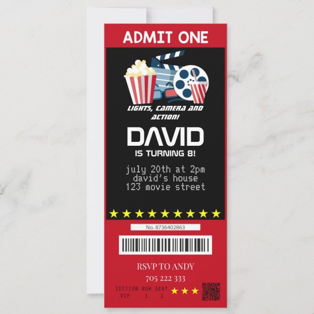 Movie Ticket Movie Party Boy Birthday Tickets Einladung (Vorderseite)
