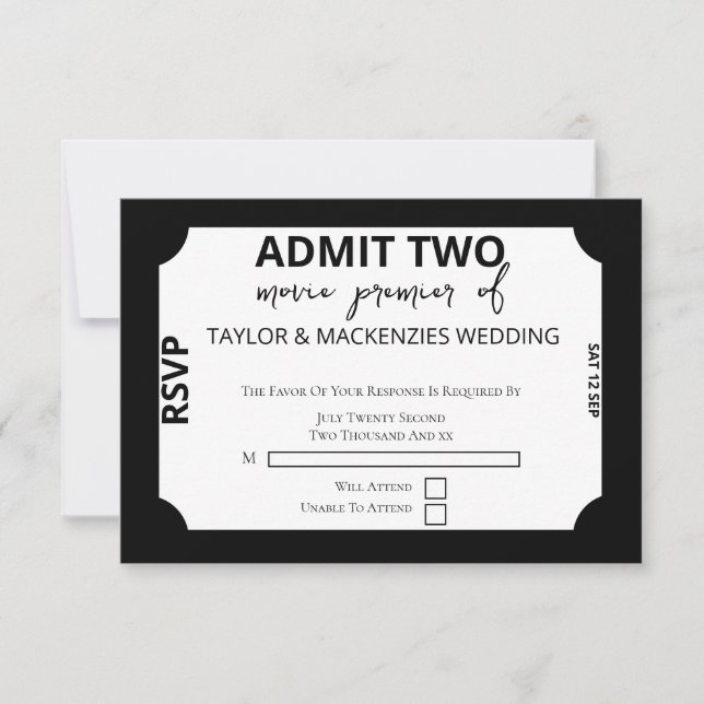 Movie Ticket Wedding RSVP Karte (Vorderseite)