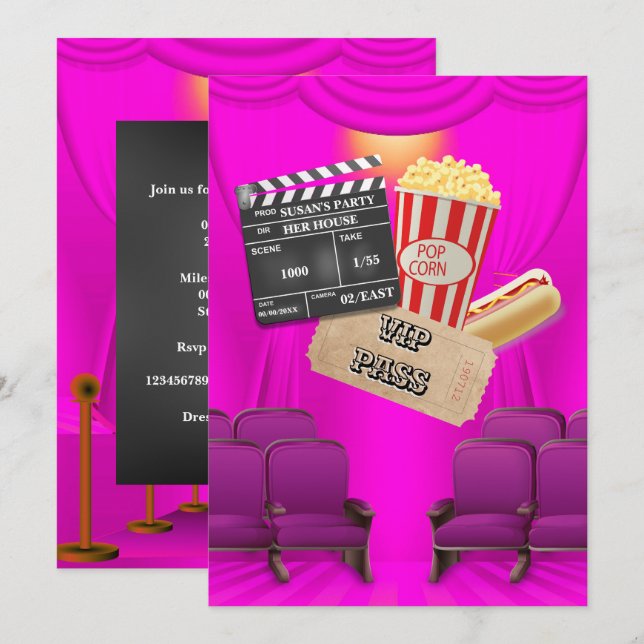 Movie VIP Popcorn Ticket Klappbrett Mädchen Party Einladung (Vorne/Hinten)