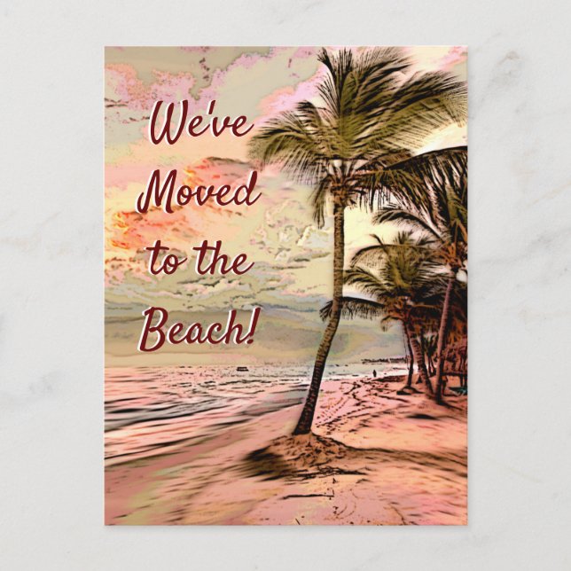 Moving Ankündigung Sunrise Beach mit Palmen Postkarte (Vorderseite)