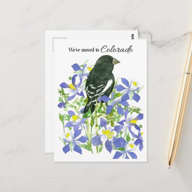 Moving Announcement Colorado Bunting Columbine Postkarte (Vorderseite/Rückseite Beispiel)