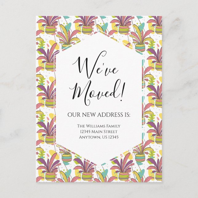 Moving Announcement Colorful Potted Pflanze Modern Postkarte (Vorderseite)