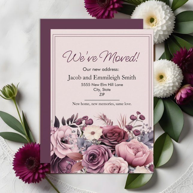 Moving Announcement Couple Purple Pink Floral  Ankündigung (Purple and pink watercolor floral moving announcement)