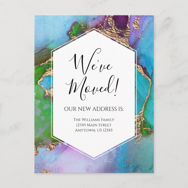 Moving Announcement Gold Blue Lila Ink Moderne Postkarte (Vorderseite)