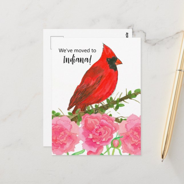Moving Announcement Indiana Kardinal Bird Peony Postkarte (Vorderseite/Rückseite Beispiel)