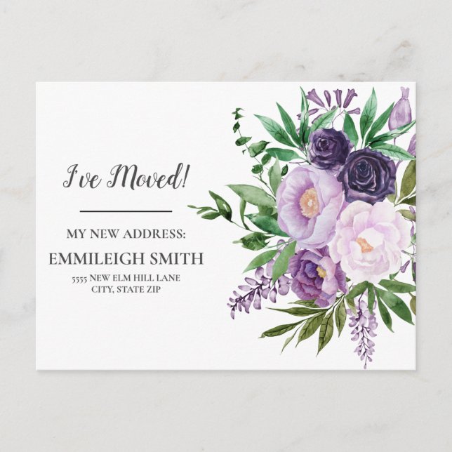 Moving Announcement Purple Blumen Weiß Postkarte (Vorderseite)