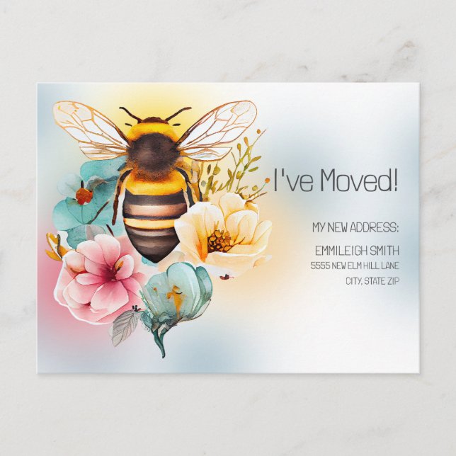 Moving Announcement Spring Watercolor Floral Bee Postkarte (Vorderseite)
