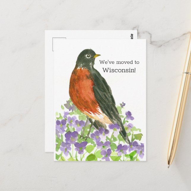 Moving Announcement Wisconsin Robin Violets Postkarte (Vorderseite/Rückseite Beispiel)
