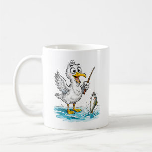 Möwe fischt mit Angel in flachem Wasser Kaffeetasse