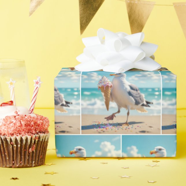 Möwe hält eine Eistüte Geschenkpapier (Geburtstagsparty)