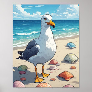Möwe Sandstrand Farbige Muscheln Ozean Horizont Poster