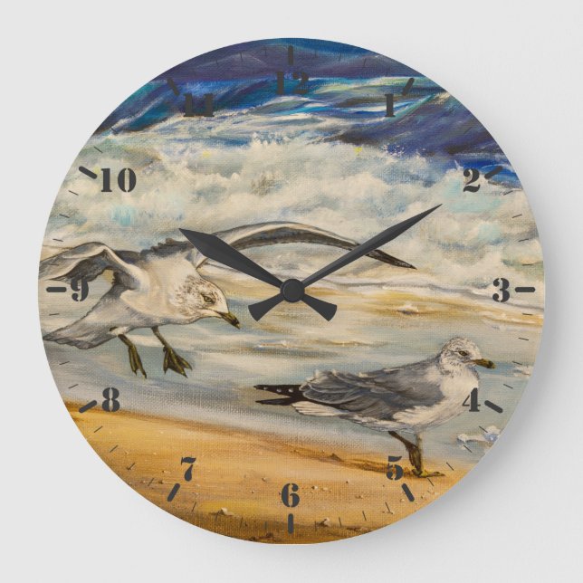 Möwen am Strand Große Wanduhr (Vorderseite)