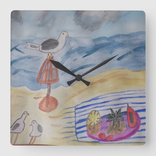 Möwen auf der Stranduhr Quadratische Wanduhr (Vorderseite)