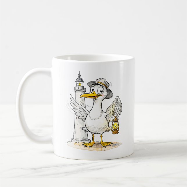 Möwen-Comic-Leuchtturm-Laterne Kaffeetasse (Links)