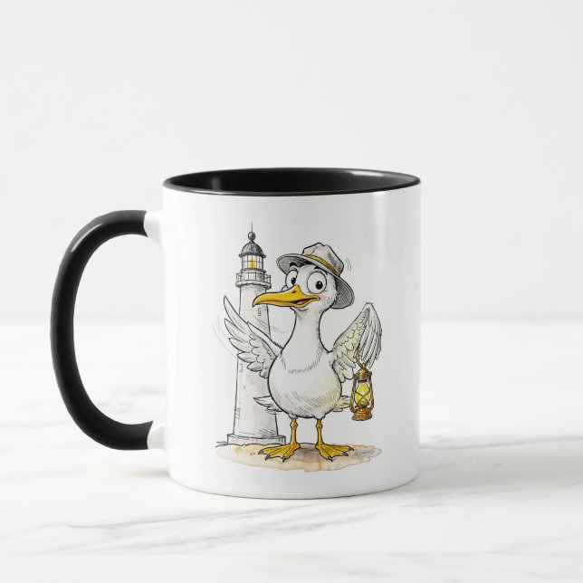 Möwen-Comic-Leuchtturm-Laterne Tasse (Links)