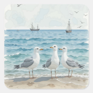 Möwen Strand Meer Küste Vogel Tier Kunst Quadratischer Aufkleber