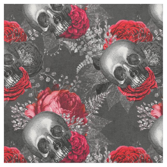 Möwen und rote Blume auf Grau Stoff (Nahaufnahme)