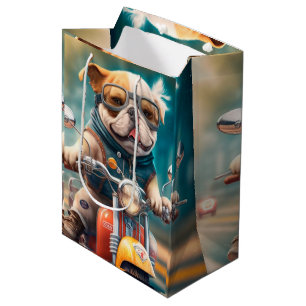 Moyen Chien cool conduisant un sac cadeau de moto