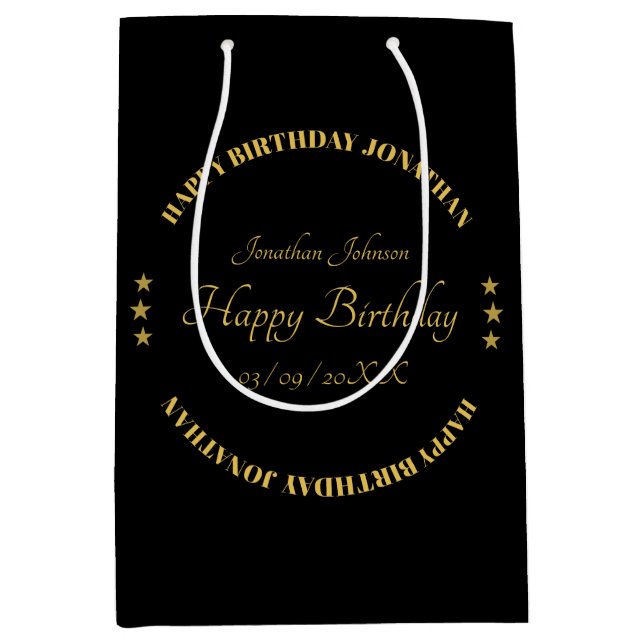 Moyen Elégant Nom Or Joyeux Anniversaire Cadeau Sac (Devant)