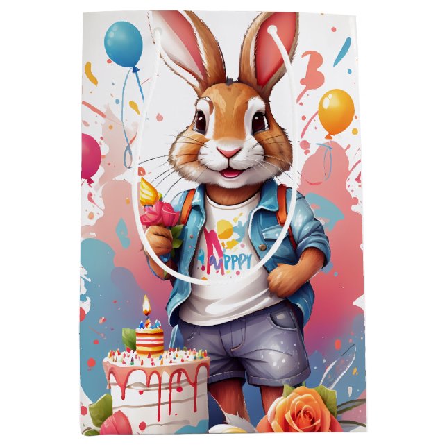 Moyen Joyeux lapin au gâteau | Sac cadeau (Devant)