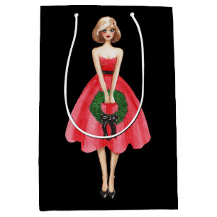 Moyen Joyeux Noël Rouge vêtu dame sac cadeau