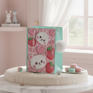 Moyen Mignon Sac Cadeau Ours Kawaii & Fraise Rose