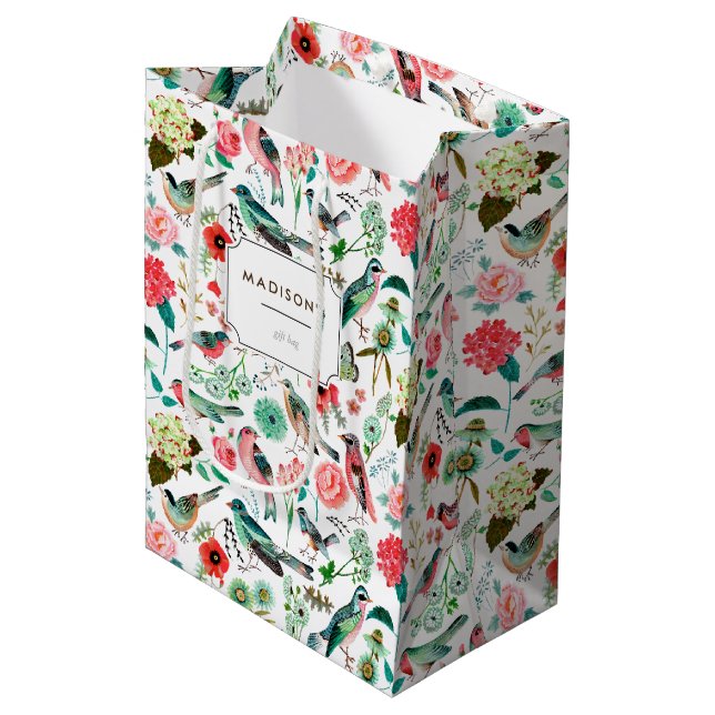 Moyen Oiseaux et fleurs | Sac cadeau (Devant Angle)