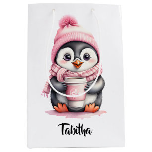 Moyen Personnaliser mignon pingouin rose sac cadeau de N